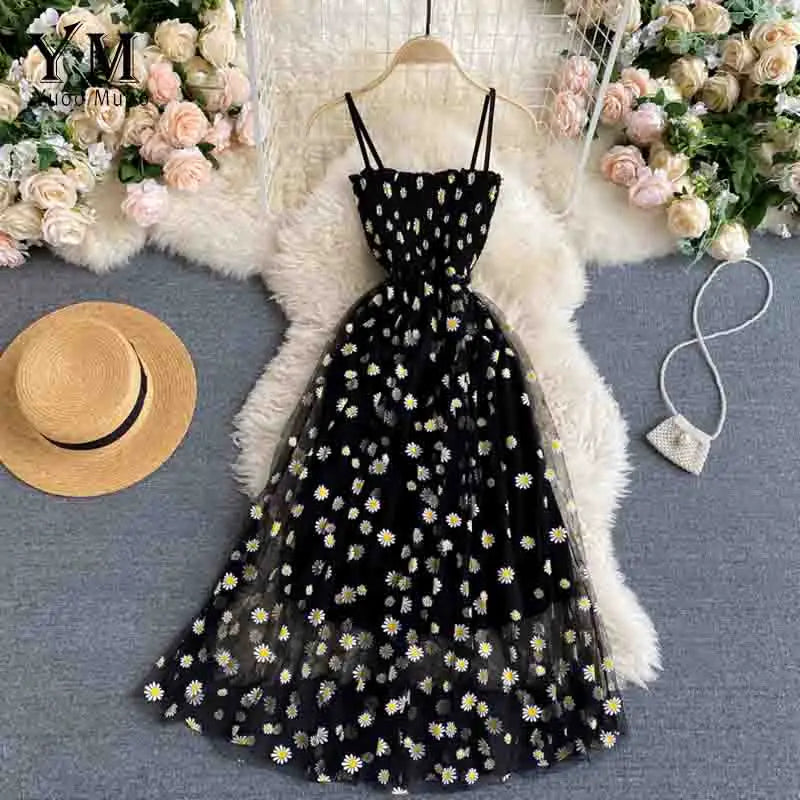 Variant image for Women's Daisy Print Summer Dress – Elegant Spaghetti Strap, Two-Layered, Midi Length, Lightweight-4