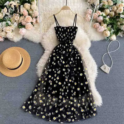 Variant image for Women's Daisy Print Summer Dress – Elegant Spaghetti Strap, Two-Layered, Midi Length, Lightweight-4