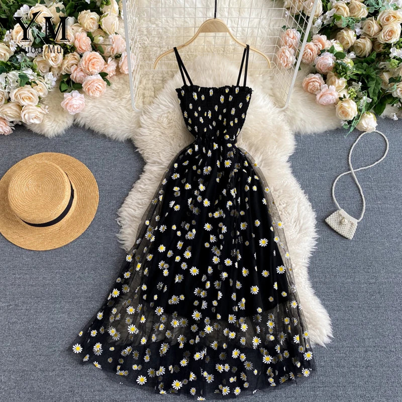 Women's Daisy Print Summer Dress – Elegant Spaghetti Strap, Two-Layered, Midi Length, Lightweight