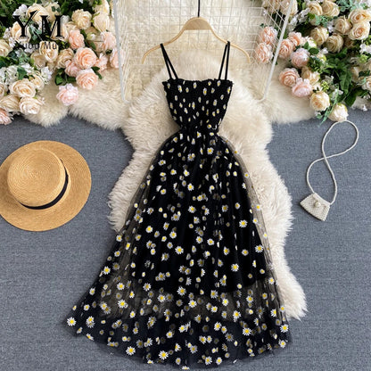 Women's Daisy Print Summer Dress – Elegant Spaghetti Strap, Two-Layered, Midi Length, Lightweight