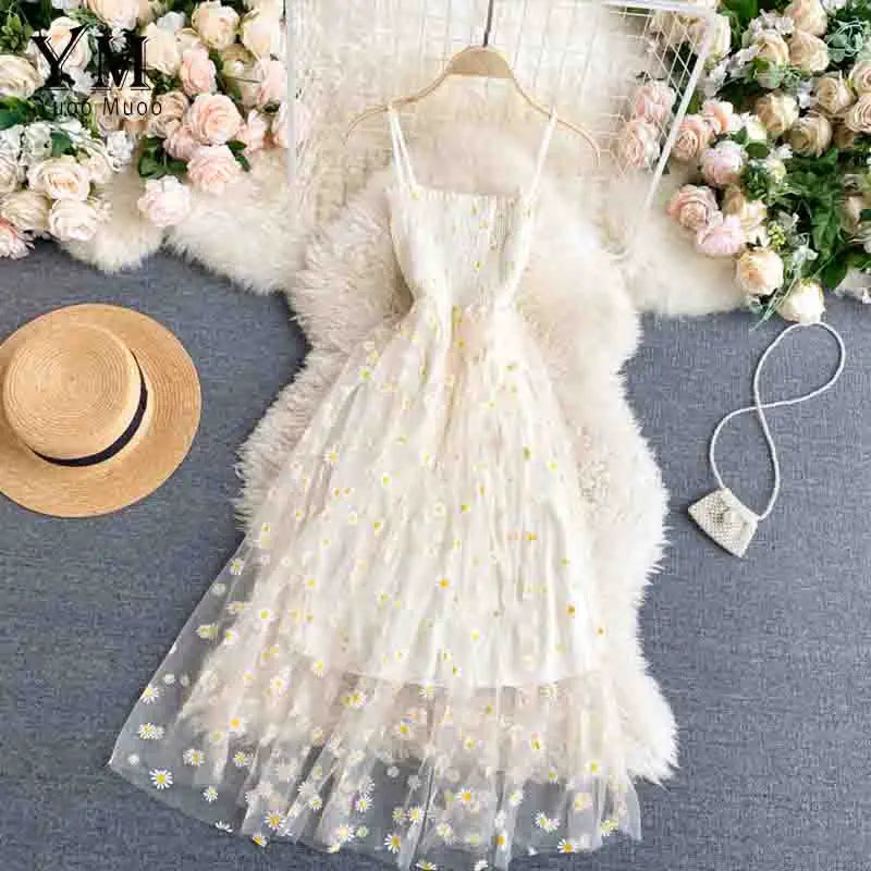 Variant image for Women's Daisy Print Summer Dress – Elegant Spaghetti Strap, Two-Layered, Midi Length, Lightweight-5