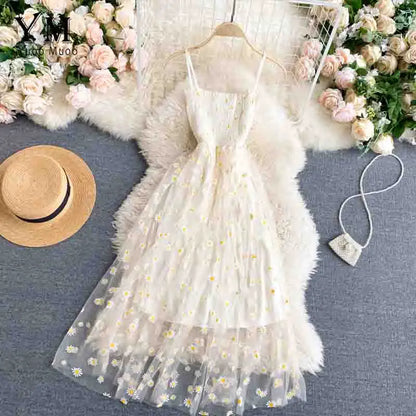 Variant image for Women's Daisy Print Summer Dress – Elegant Spaghetti Strap, Two-Layered, Midi Length, Lightweight-5