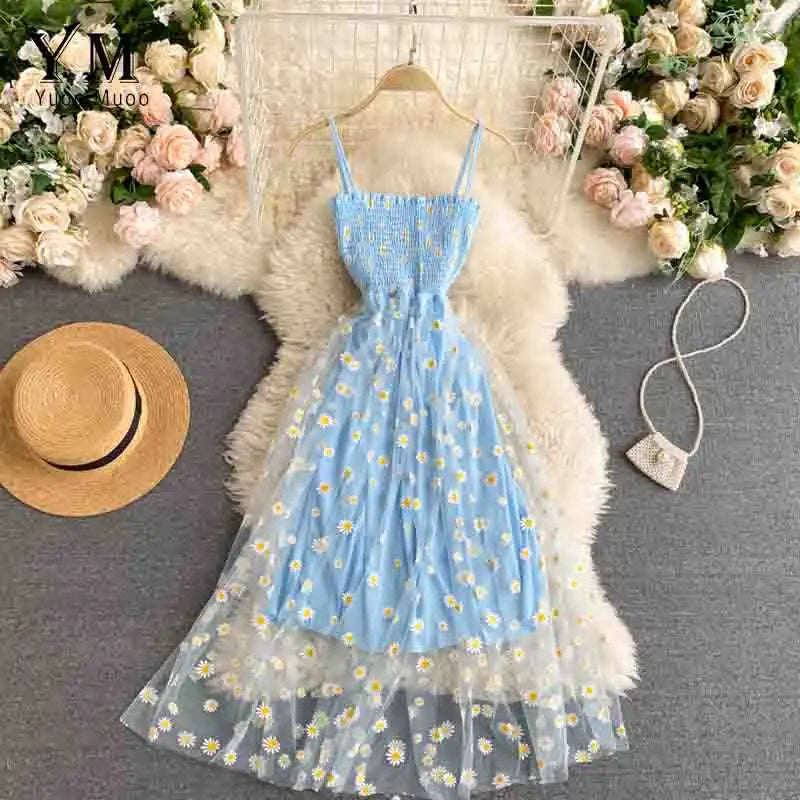 Variant image for Women's Daisy Print Summer Dress – Elegant Spaghetti Strap, Two-Layered, Midi Length, Lightweight-3