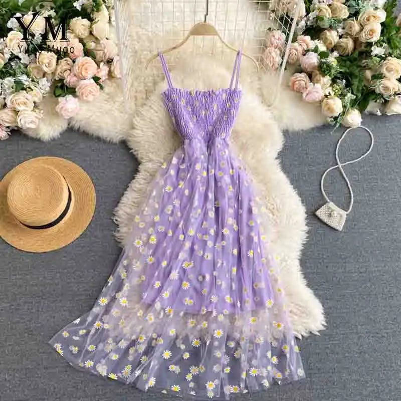 Variant image for Women's Daisy Print Summer Dress – Elegant Spaghetti Strap, Two-Layered, Midi Length, Lightweight-2