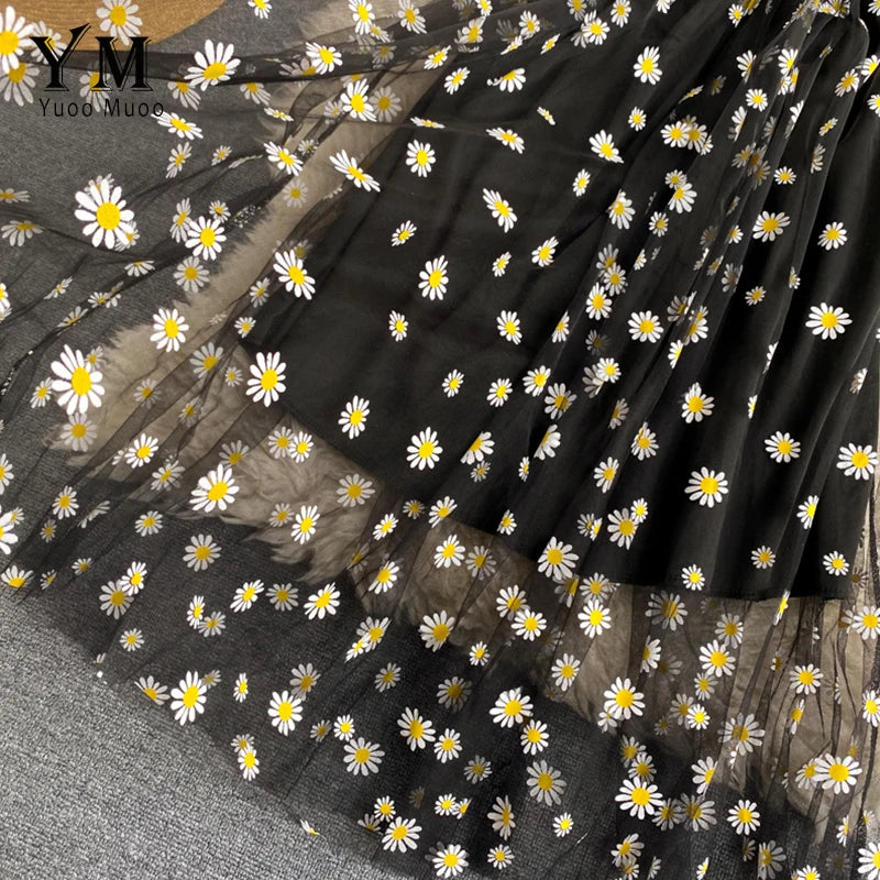 Women's Daisy Print Summer Dress – Elegant Spaghetti Strap, Two-Layered, Midi Length, Lightweight
