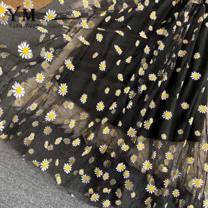 Women's Daisy Print Summer Dress – Elegant Spaghetti Strap, Two-Layered, Midi Length, Lightweight