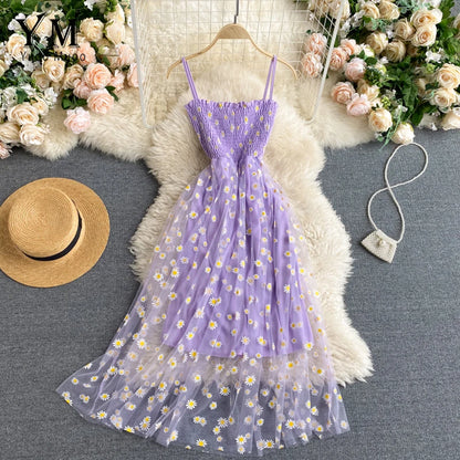 Women's Daisy Print Summer Dress – Elegant Spaghetti Strap, Two-Layered, Midi Length, Lightweight
