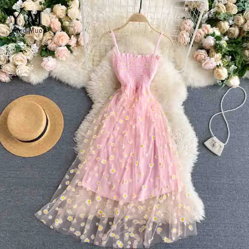 Variant image for Women's Daisy Print Summer Dress – Elegant Spaghetti Strap, Two-Layered, Midi Length, Lightweight-1