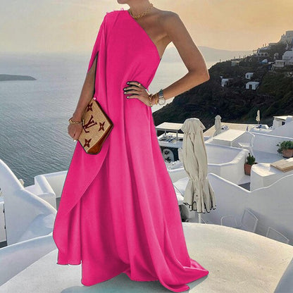 Women's One-Shoulder Evening Gown – Floor-Length A-Line, Elegant Draped Design