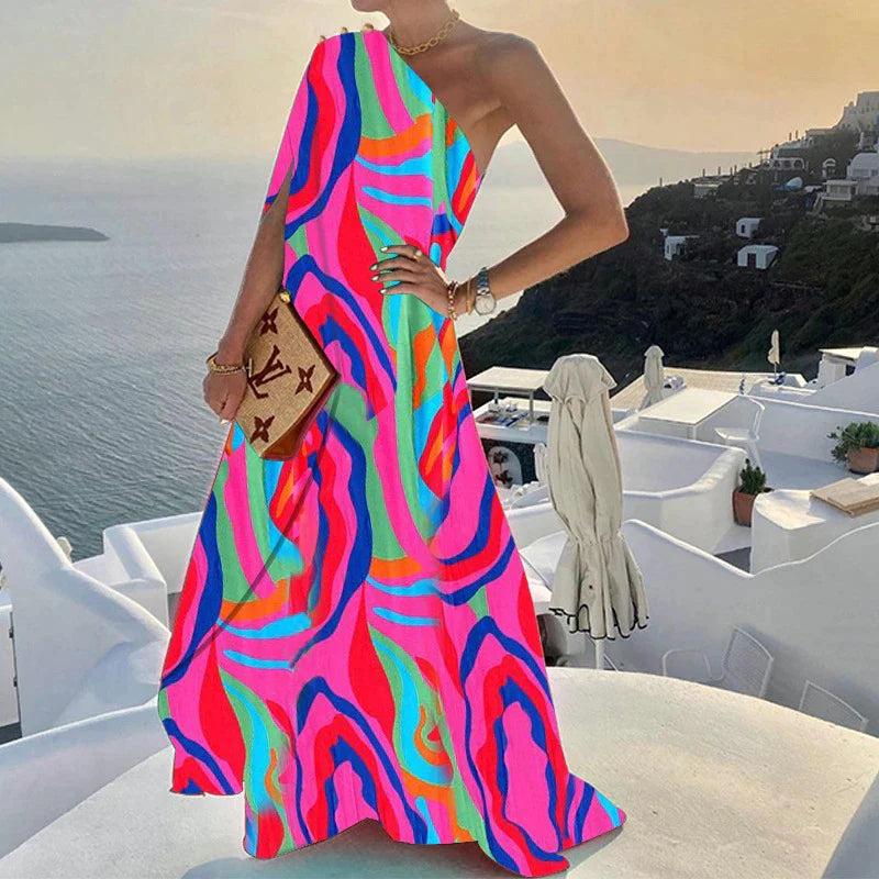 Women's One-Shoulder Evening Gown – Floor-Length A-Line, Elegant Draped Design