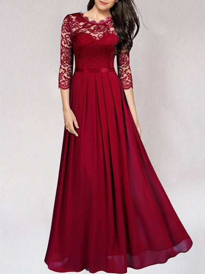 Variant image for Women's A-Line Evening Gown – Elegant Lace Bodice, Illusion Neckline, 3/4 Sleeve, Formal Dress-3