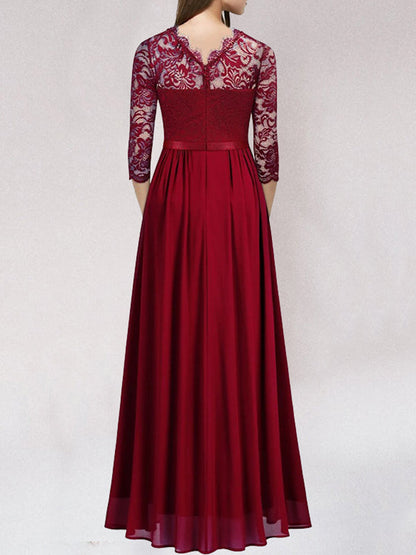 Women's A-Line Evening Gown – Elegant Lace Bodice, Illusion Neckline, 3/4 Sleeve, Formal Dress