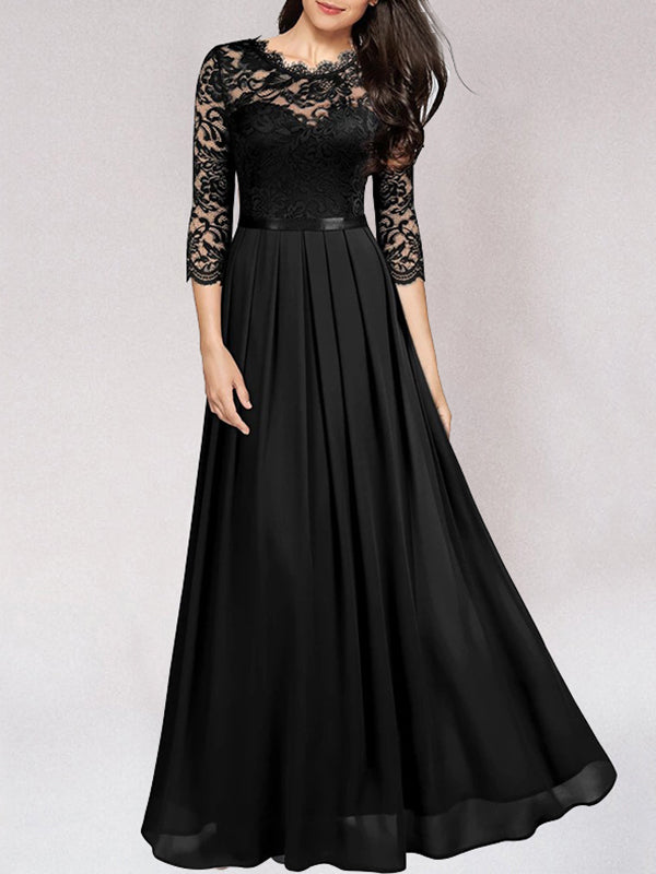 Variant image for Women's A-Line Evening Gown – Elegant Lace Bodice, Illusion Neckline, 3/4 Sleeve, Formal Dress-11