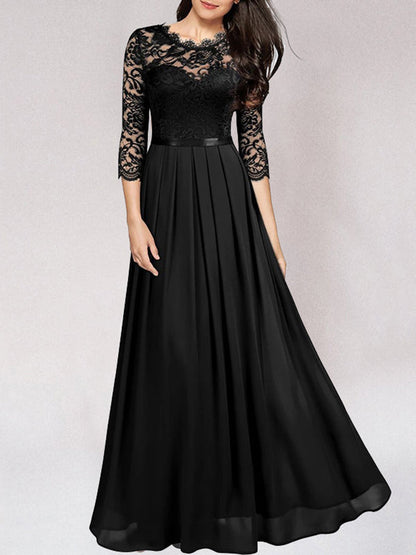 Variant image for Women's A-Line Evening Gown – Elegant Lace Bodice, Illusion Neckline, 3/4 Sleeve, Formal Dress-11