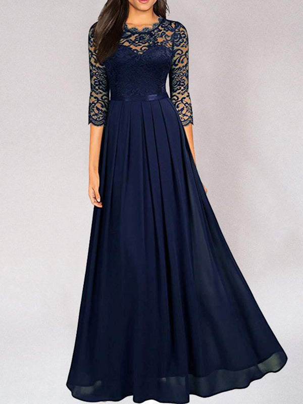 Variant image for Women's A-Line Evening Gown – Elegant Lace Bodice, Illusion Neckline, 3/4 Sleeve, Formal Dress-16