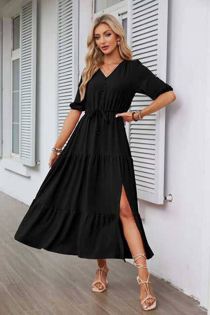 Women's Flowy Maxi Dress – V-Neck, Puff Sleeves, Cinched Waist, Side Slit, Cotton, Summer
