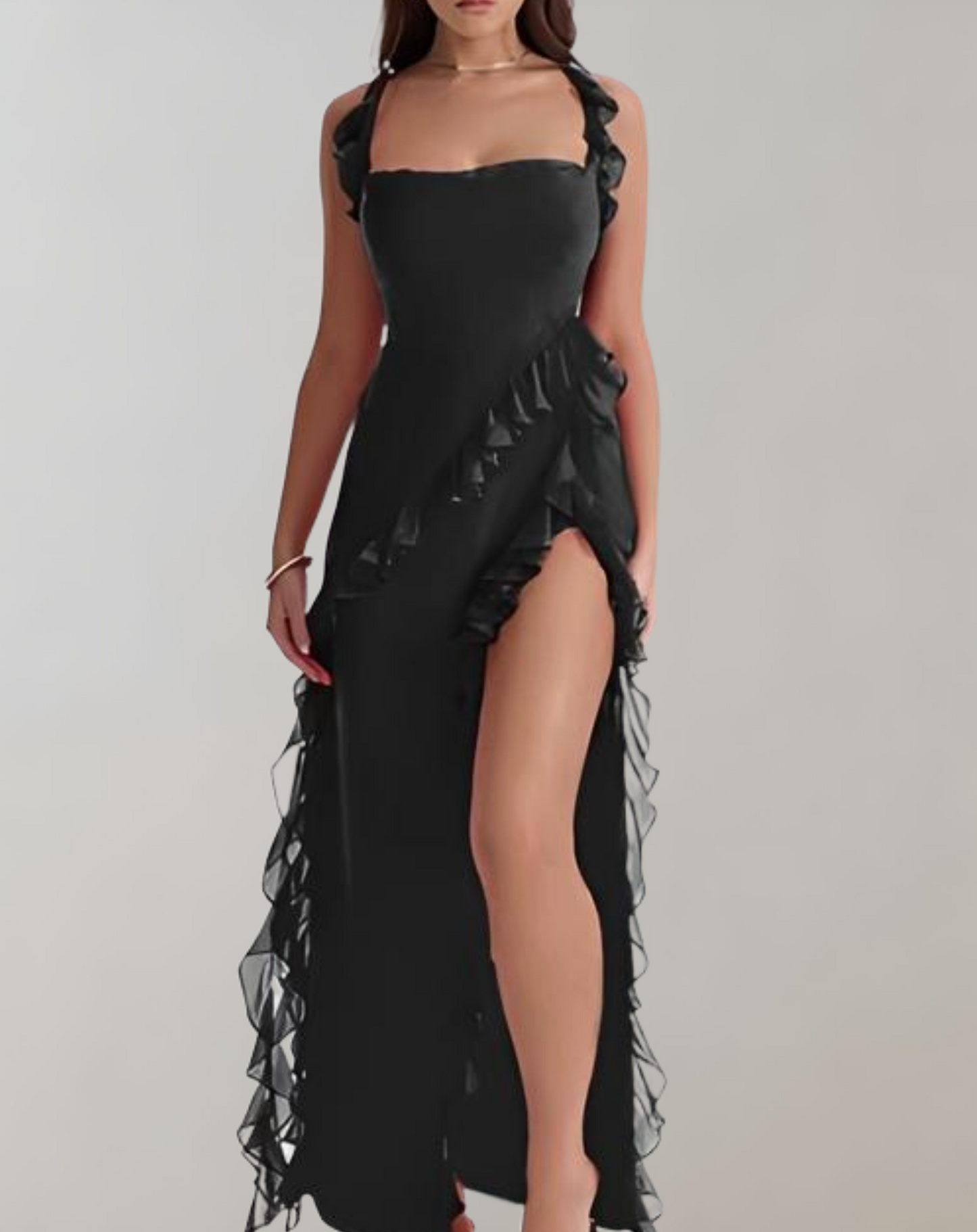 Variant image for Women's Elegant Evening Dress – Square Neckline, Ruffled Straps, High Slit, Flattering Fit, Chiffon-16