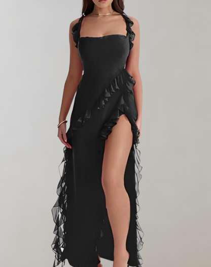 Variant image for Women's Elegant Evening Dress – Square Neckline, Ruffled Straps, High Slit, Flattering Fit, Chiffon-16