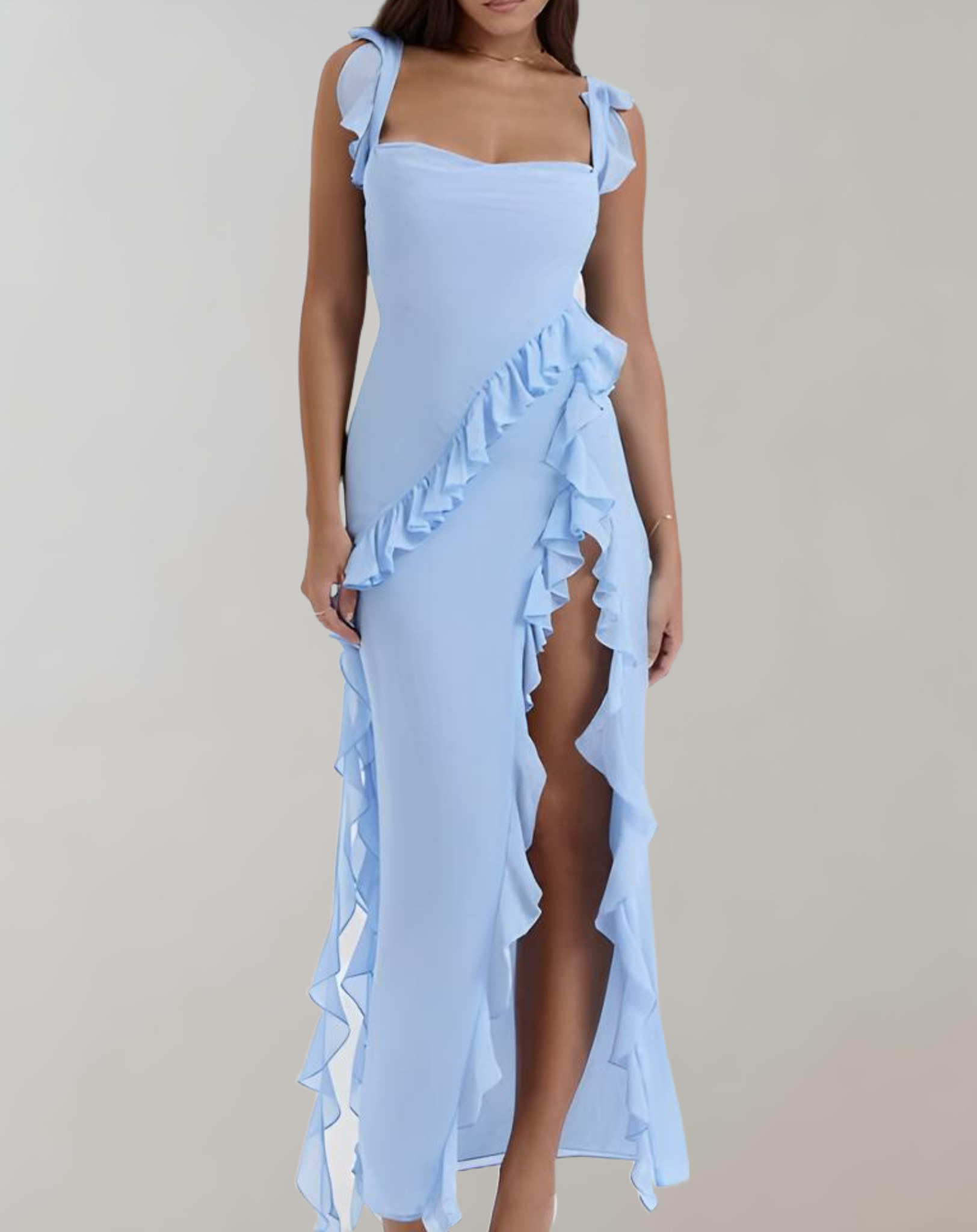Variant image for Women's Elegant Evening Dress – Square Neckline, Ruffled Straps, High Slit, Flattering Fit, Chiffon-11