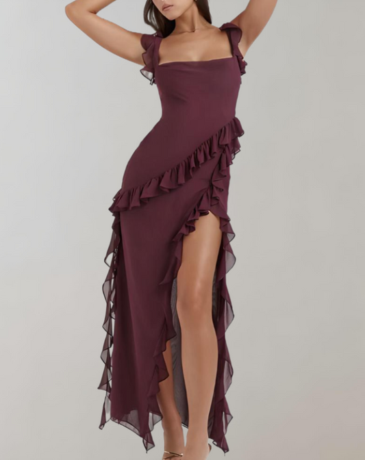 Women's Elegant Evening Dress – Square Neckline, Ruffled Straps, High Slit, Flattering Fit, Chiffon