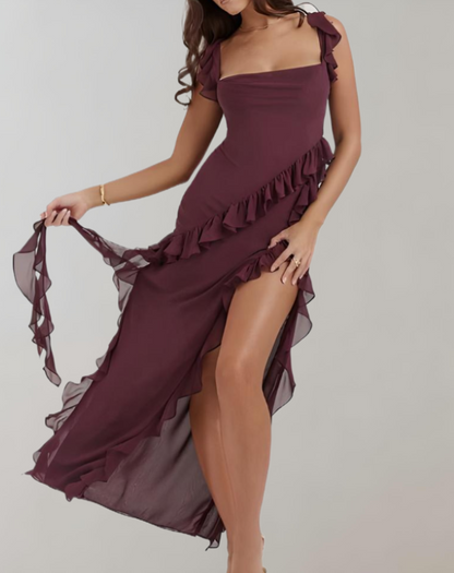 Women's Elegant Evening Dress – Square Neckline, Ruffled Straps, High Slit, Flattering Fit, Chiffon
