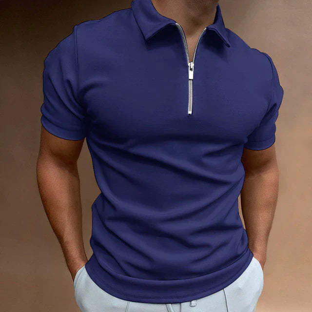 William | Men’s Zipper Polo Shirt Casual Short Sleeve Cotton-Blend Top