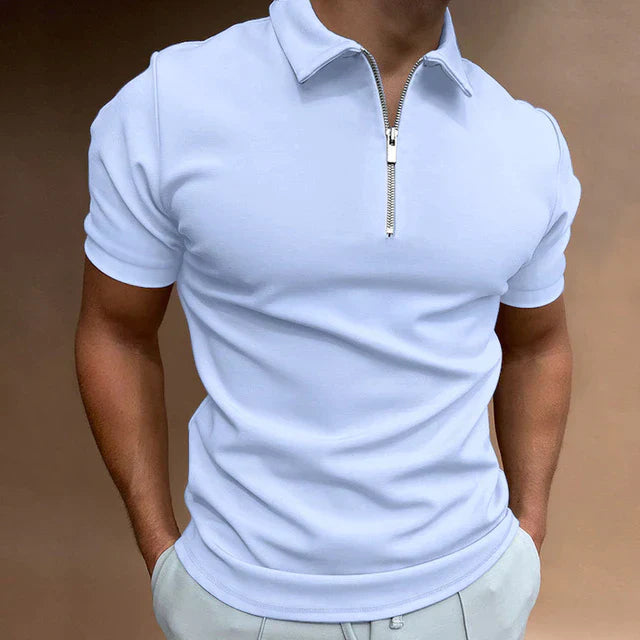 William | Men’s Zipper Polo Shirt Casual Short Sleeve Cotton-Blend Top