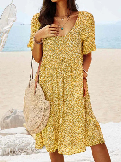Women's Floral Summer Dress – V-Neck, Short Sleeve, Relaxed Fit, Lightweight Cotton
