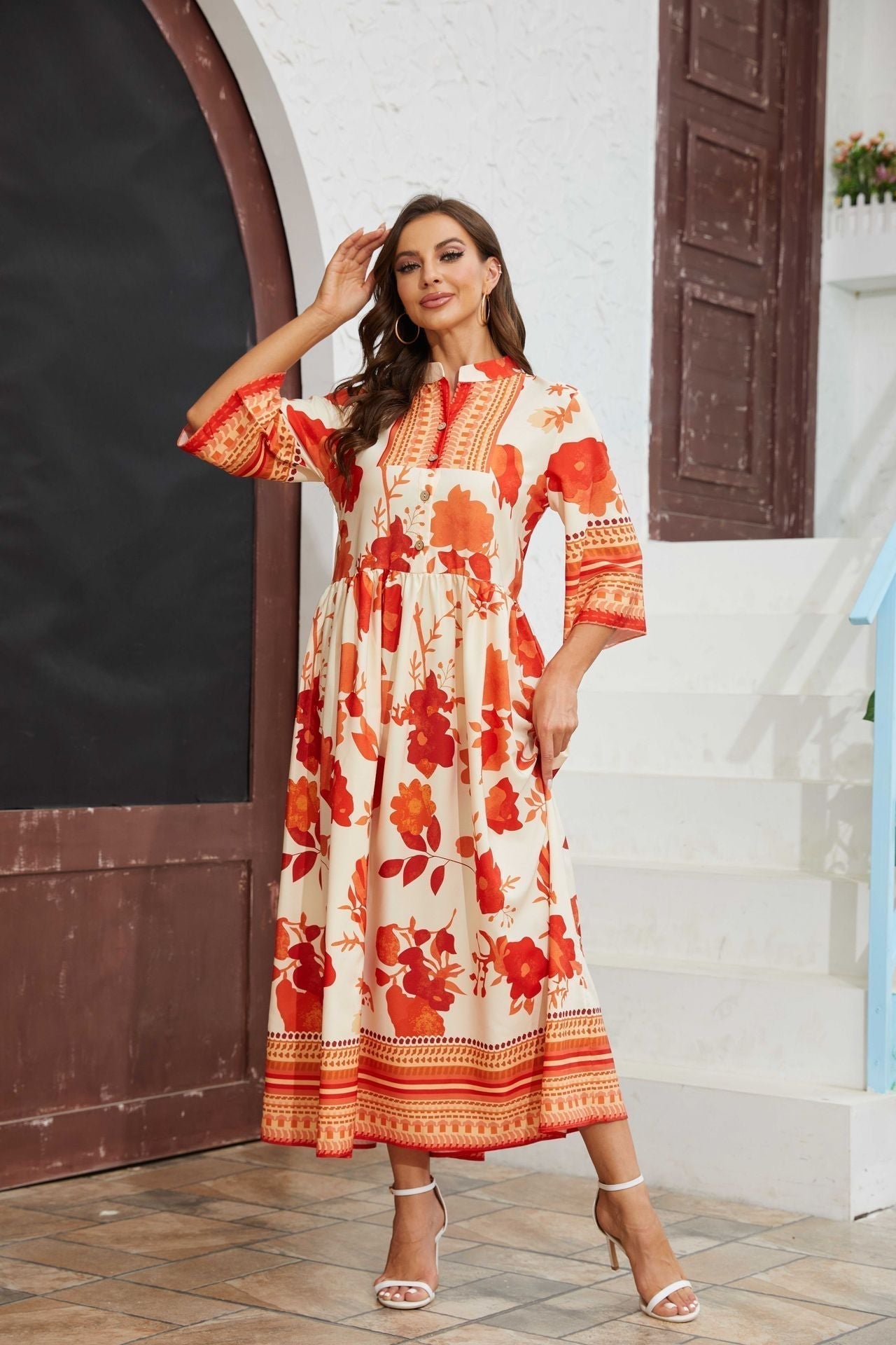 Women's Floral Maxi Dress – Button Front, Flared 3/4 Sleeves, Cinched Waist, Spring/Summer