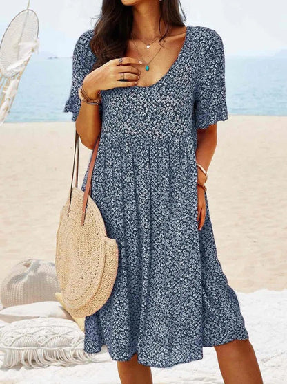 Women's Floral Summer Dress – V-Neck, Short Sleeve, Relaxed Fit, Lightweight Cotton