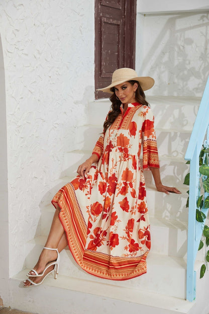 Women's Floral Maxi Dress – Button Front, Flared 3/4 Sleeves, Cinched Waist, Spring/Summer