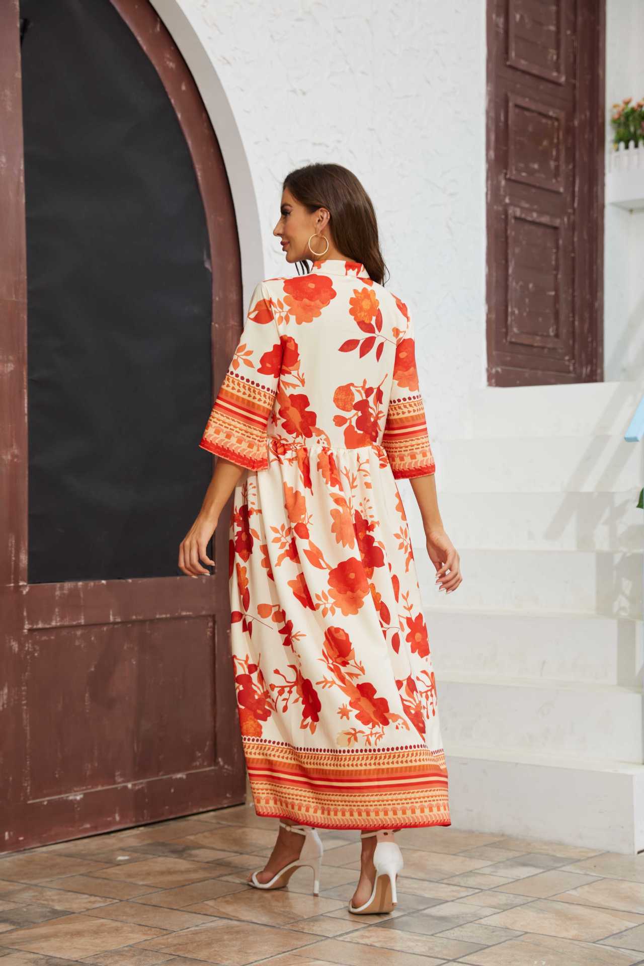Women's Floral Maxi Dress – Button Front, Flared 3/4 Sleeves, Cinched Waist, Spring/Summer