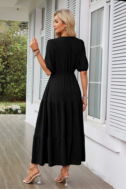 Women's Flowy Maxi Dress – V-Neck, Puff Sleeves, Cinched Waist, Side Slit, Cotton, Summer