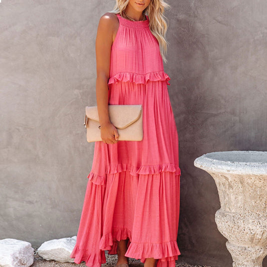 Women's Ruffled Maxi Dress – Sleeveless High-Low Hem, Flowy Fit, Lightweight Viscose Blend, Perfect for Summer