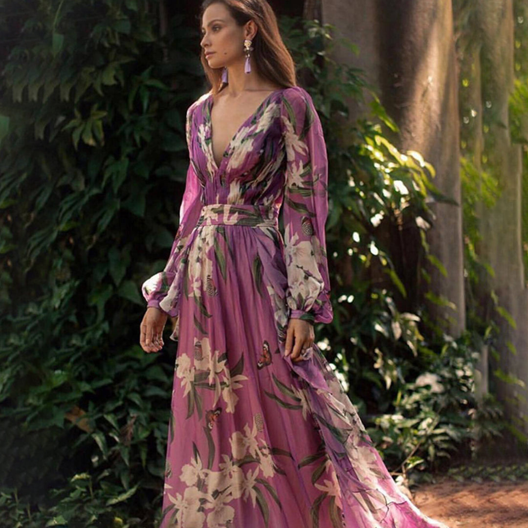 Women's Floral Maxi Dress – Elegant V-Neck, Fitted Waist, Long Sleeve, Lightweight, Perfect for Summer