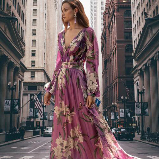 Women's Floral Maxi Dress – Elegant V-Neck, Fitted Waist, Long Sleeve, Lightweight, Perfect for Summer