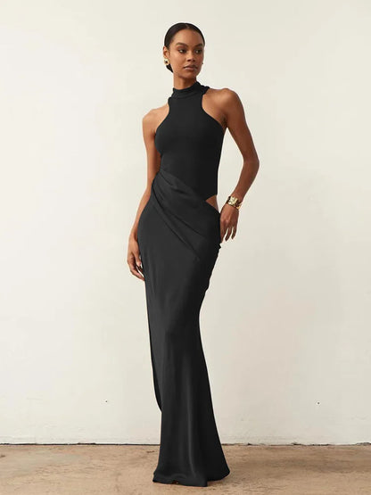 Women's Black Satin Maxi Dress – Elegant Sleeveless, High Waist, Hollow-Out Design