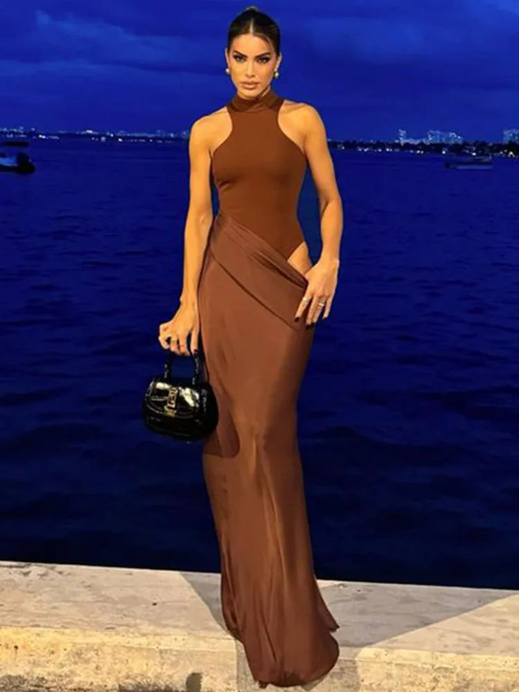 Women's Black Satin Maxi Dress – Elegant Sleeveless, High Waist, Hollow-Out Design