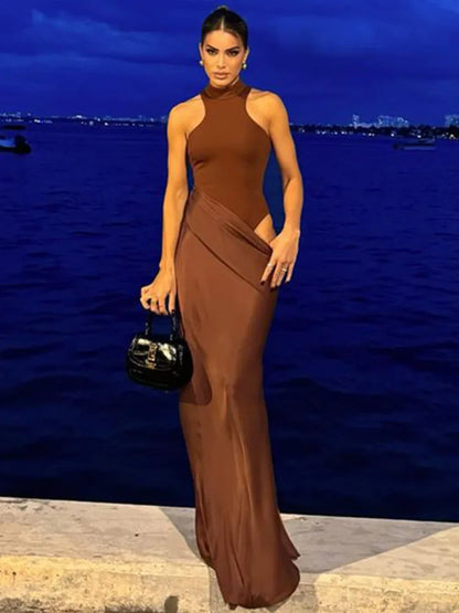 Women's Black Satin Maxi Dress – Elegant Sleeveless, High Waist, Hollow-Out Design