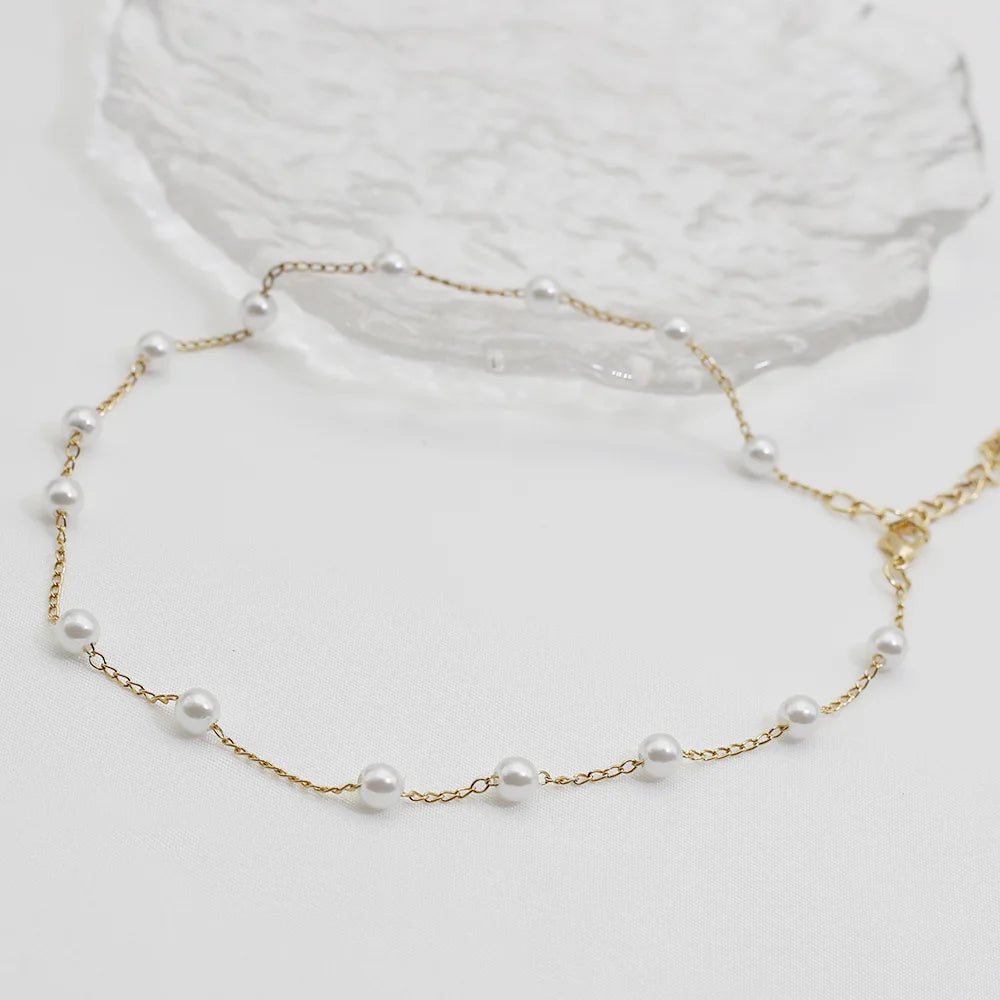 Women's Goth Choker Necklace – Pearl Lace Design, Adjustable Fit, Gold Color