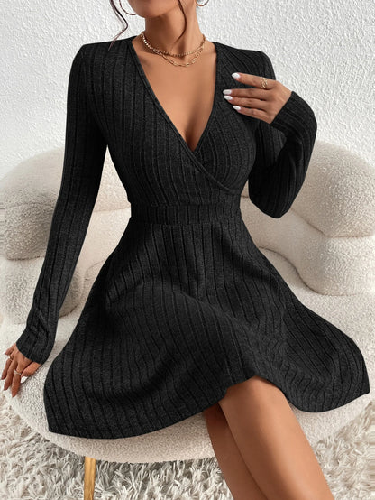 Variant image for Women's Knit Bodycon Dress – Slim Fit, Elegant V-Neck, Long Sleeve, Casual Midi-1