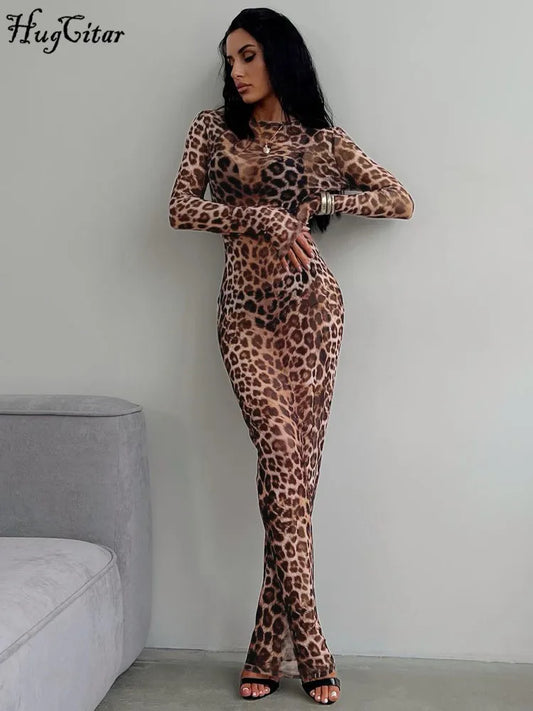 Women's Leopard Print Maxi Dress – Long Sleeve, Slim Fit, See-Through Mesh