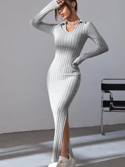 Women's Knit V-Neck Split Dress – Elegant Full Sleeve, Regular Fit, Autumn/Winter