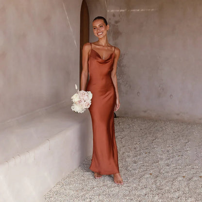 Millie | Long Satin Slip Dress Elegant V-Neck Backless Gown for Women