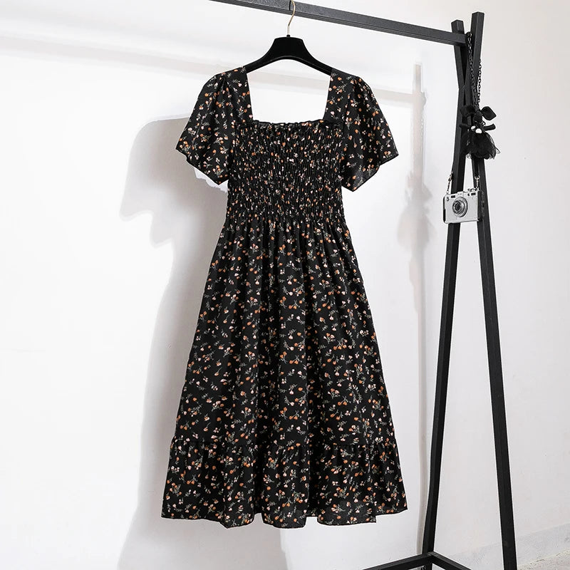 Variant image for Women's Floral Chiffon Summer Dress – Short Sleeve, Elastic Waist, Backless, Midi Length-1