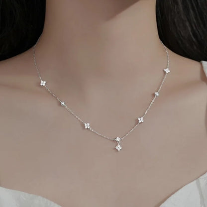 Women's Silver Choker Necklace – Elegant Four-Leaf Flower Design with Zircon Inlay