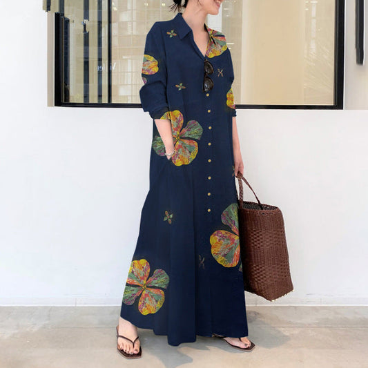 Women's Floral Maxi Dress – Long Sleeve, Button Front, Flowy Fit, Rayon Blend