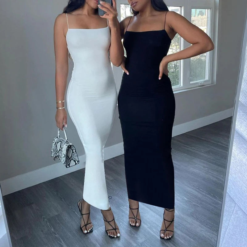 Women's Black Bodycon Dress – Elegant Sleeveless, Backless, Spaghetti Strap, Casual Clubwear