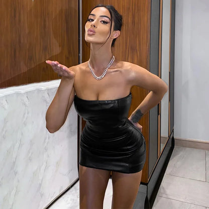 Women's Tube Top Leather Dress – Slim Fit, Solid Color, Elegant for Cocktail and Nightclub