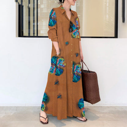 Women's Floral Maxi Dress – Long Sleeve, Button Front, Flowy Fit, Rayon Blend
